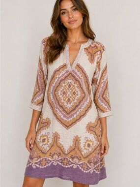 J. Crew Vintage Purple, Orange and Cream Paisley Pull-over Patterned Dress